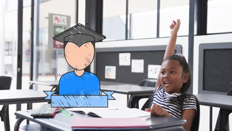 levantando la mano, niño sonriente en el aula con animación de graduación sobre el escritorio
