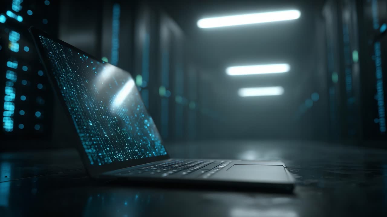 A modern laptop positioned on a reflective surface in a dimly lit data center, showcasing a dynamic display of binary code and vibrant digital patterns