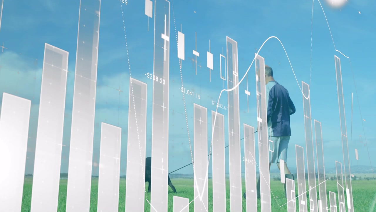 Senior man standing in meadow, holding fishing rod, overlaying bar charts and floating finance data