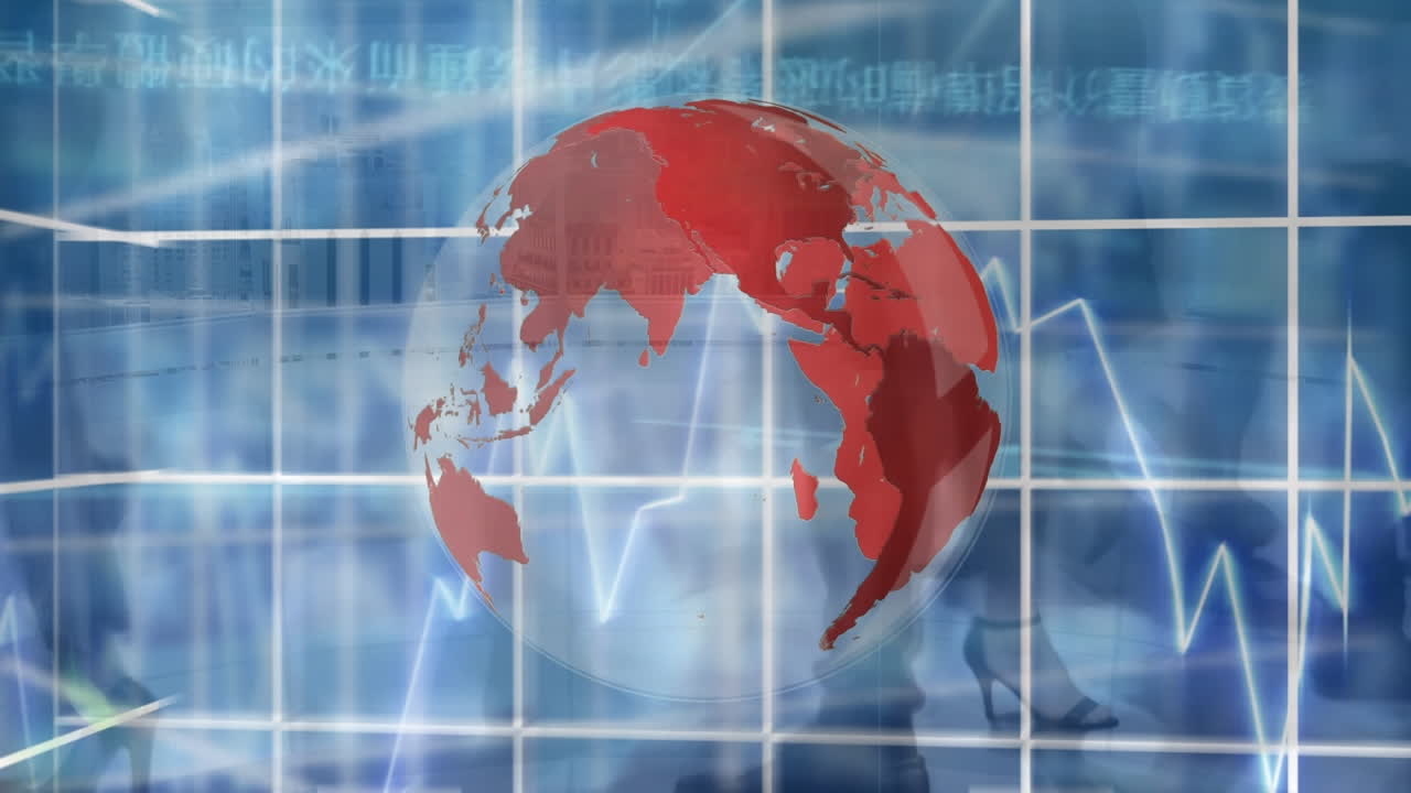 데이터 처리의 애니메이션과 전 세계를 가로질러 화살표와 사업가들이 고 있습니다.