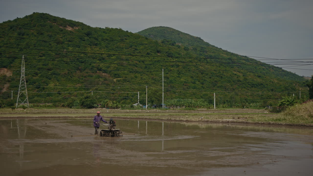 A farmer tilling a rice paddy field with a power tiller in a rural landscape