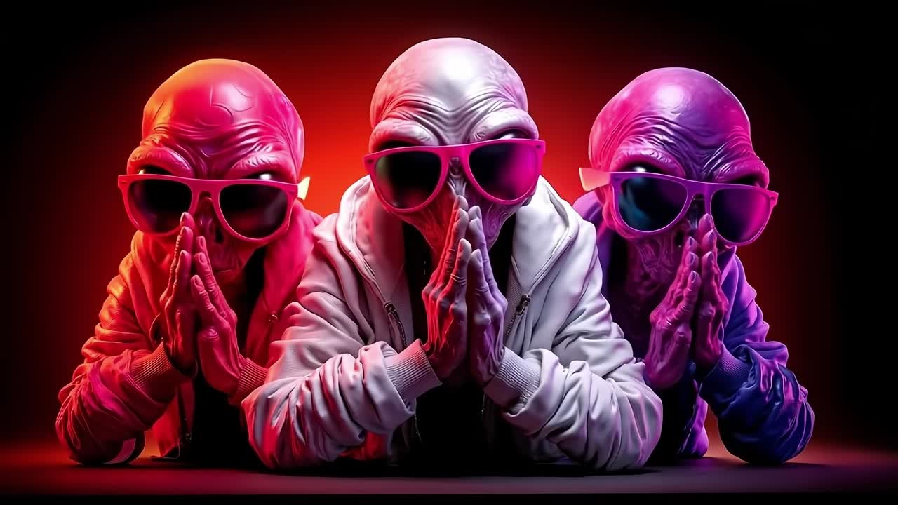 Three aliens wearing pink sunglasses and a white jacket