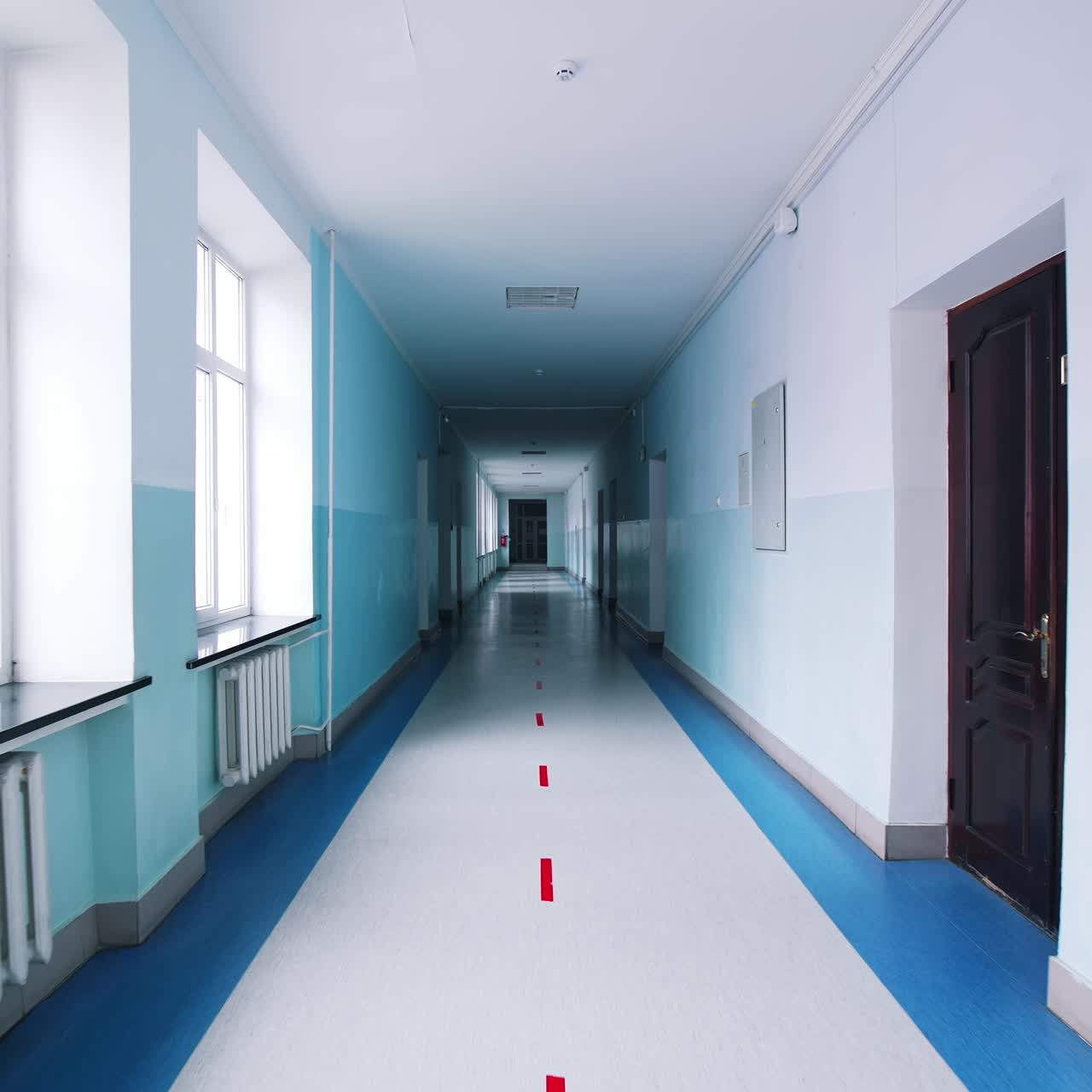 Modern hallway in educational center. Long corridor in blue color with doors and large windows in the university