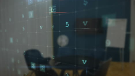 warning text animation over office setting with numbers and symbols