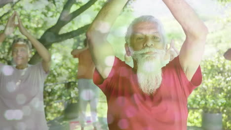 animación de puntos de luz y árboles sobre diversas personas mayores que practican yoga en el jardín