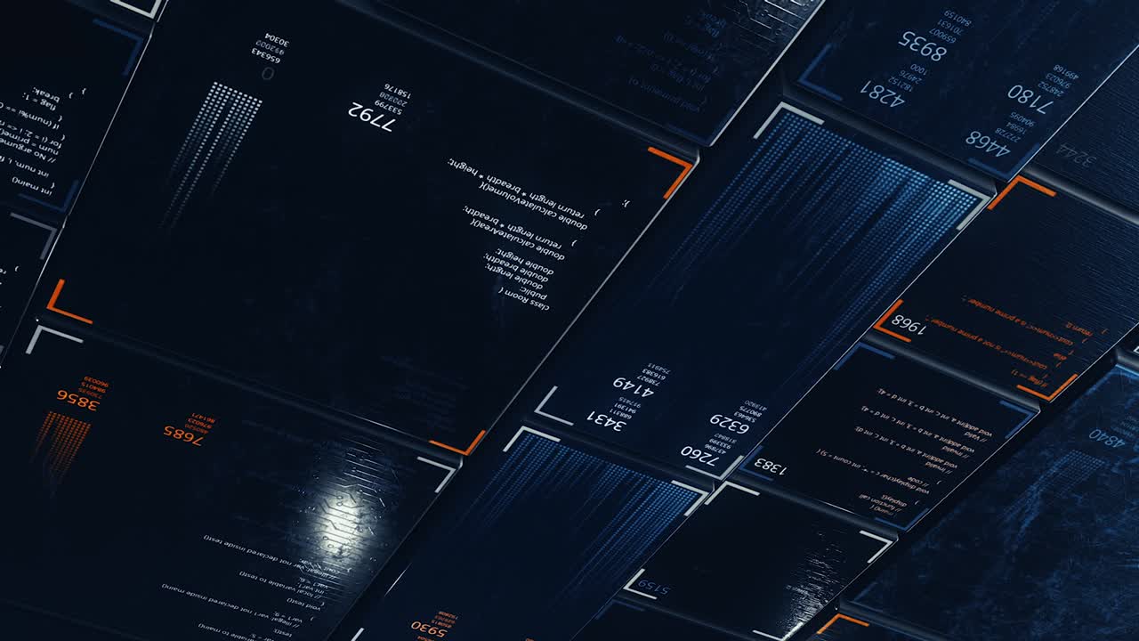 Blocks of program code flying in virtual space divided into different moving digital screens, seamless loop. Animation. Concept of program for password hacking