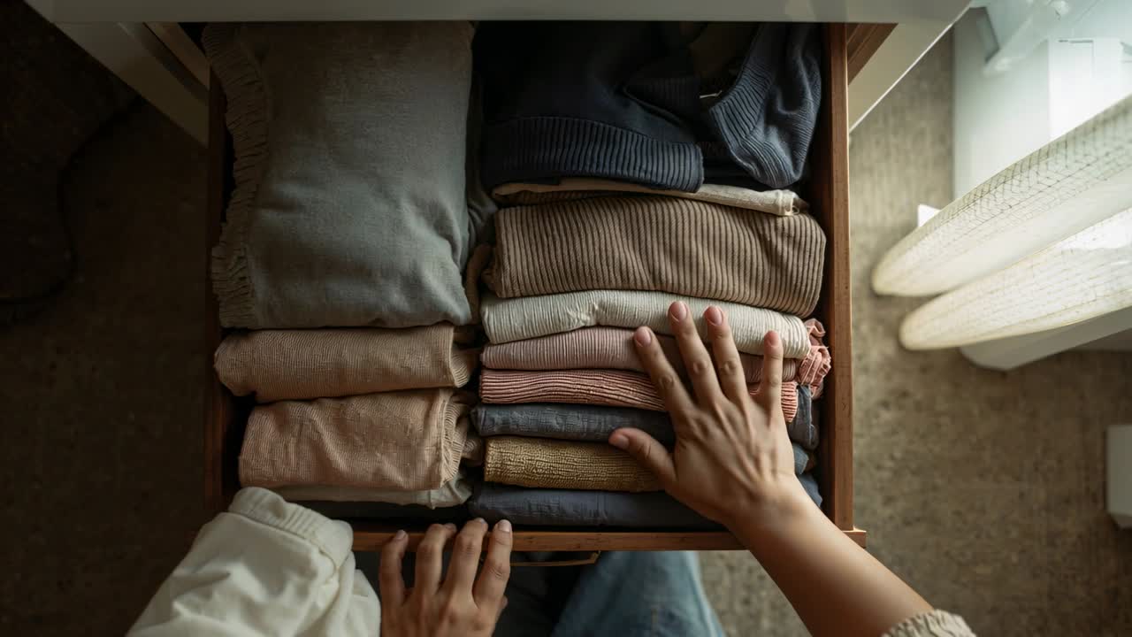Opening drawer, hands neatening garments at dresser window, wearing light long sleeves and jeans