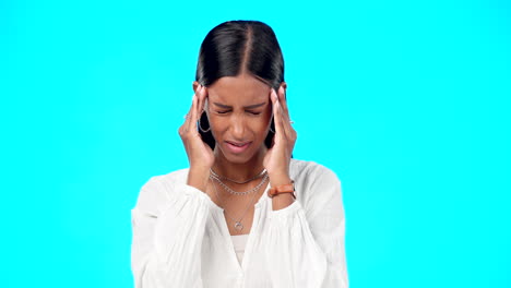 Woman,-headache-and-studio-with-hands