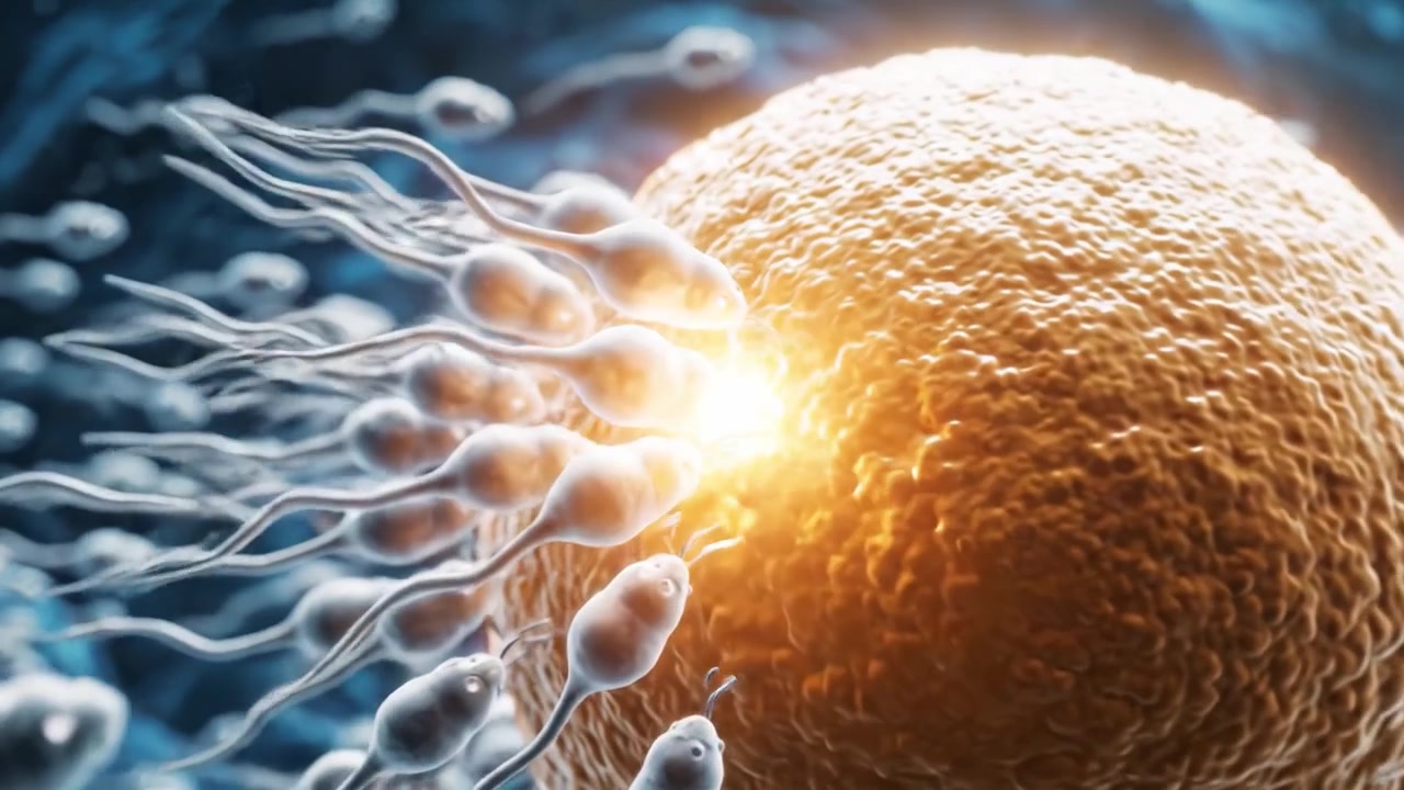 Close-up Visualization of Sperm Cells Approaching an Egg Cell: An Intricate Dance of Fertilization at the Microscopic Level Illuminated in Stunning Detail