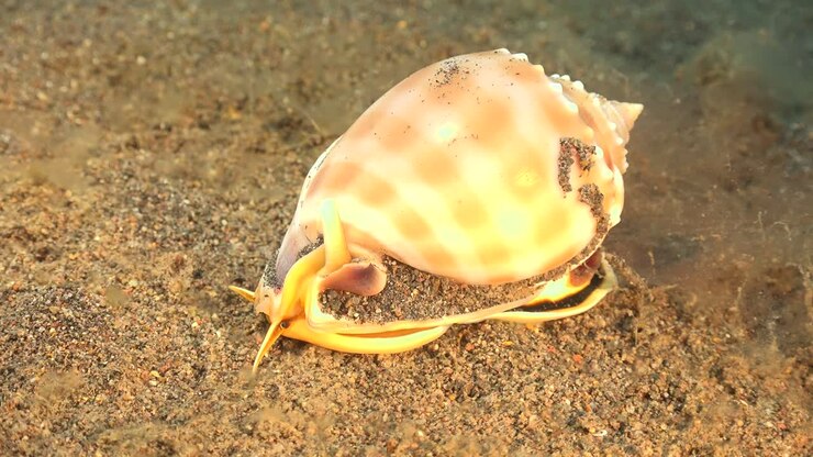 Helmet Shell walking over sand searching for food