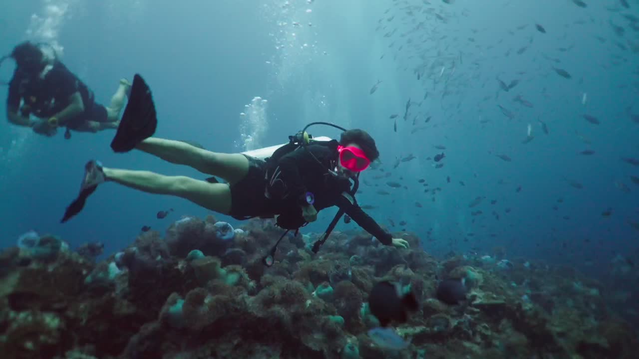 A person scuba diving over a coral reef with fish