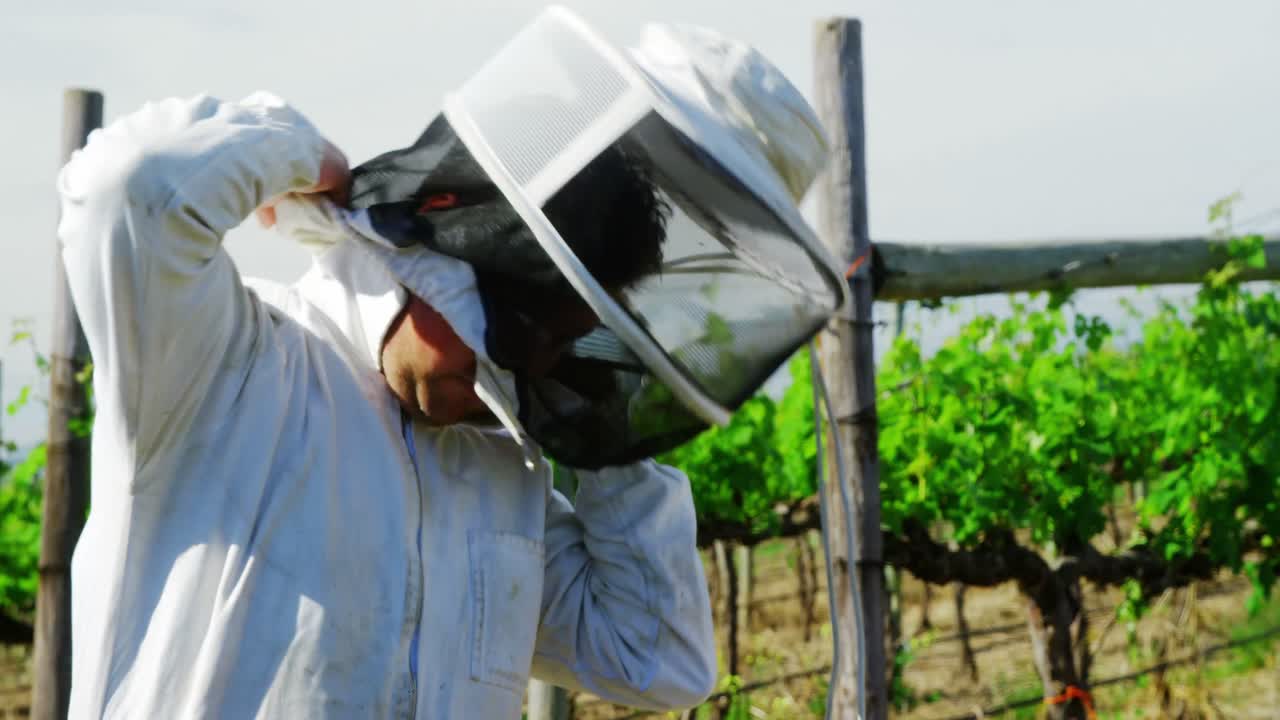 Apicoltore che indossa la tuta da apicoltore mentre si prepara per il raccolto