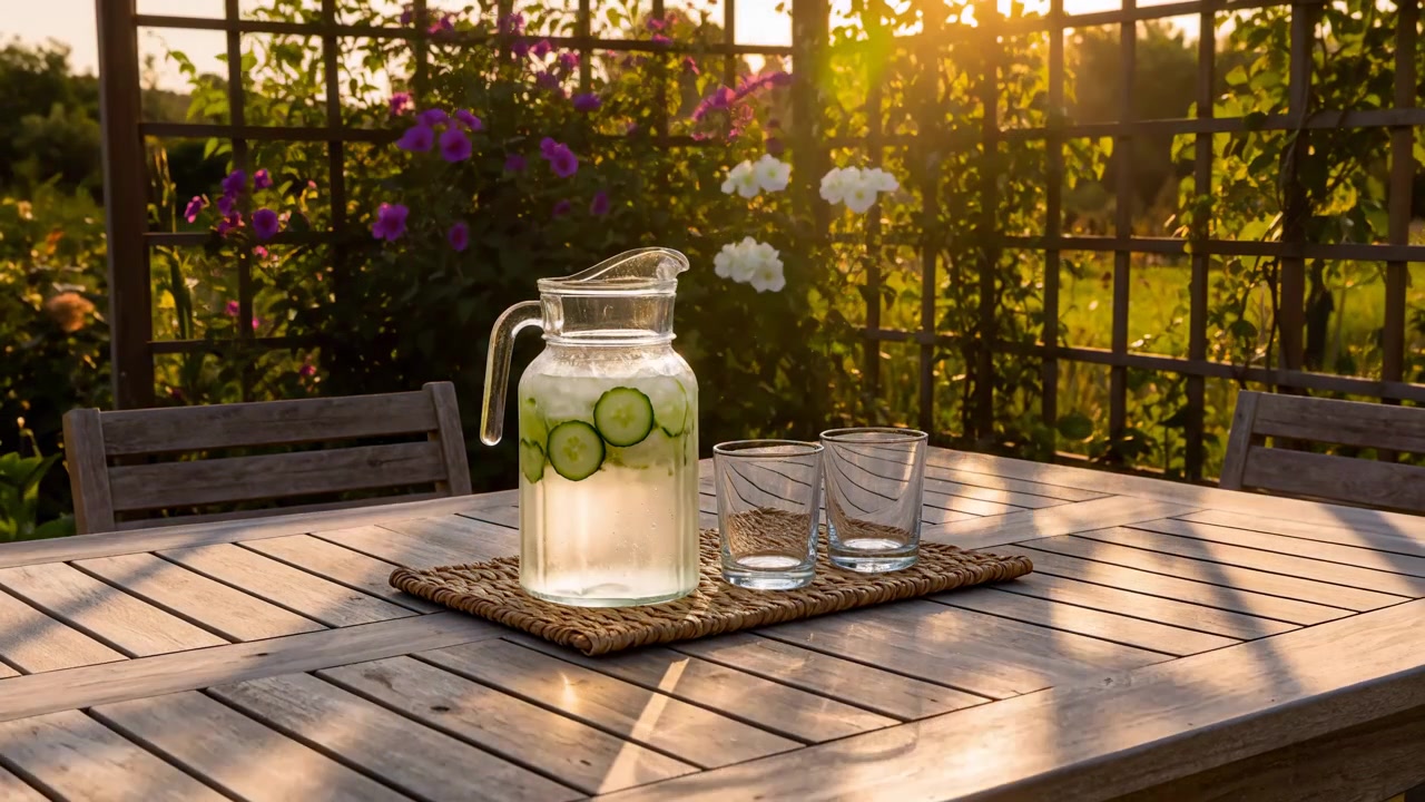 Brocca trasparente e bicchieri sono posizionati su un vassoio intrecciato sopra un tavolo di legno mentre la calda luce solare filtra attraverso il fogliame del giardino, mostrando fette di cetriolo, acqua fresca, ombre morbide e una tranquilla disposizione all'aperto.