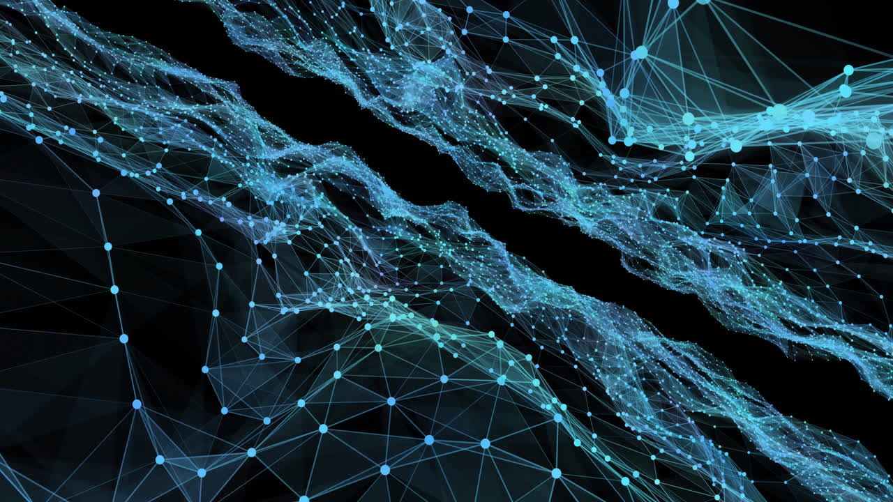 formas geométricas azules y redes de conexiones contra un fondo negro
