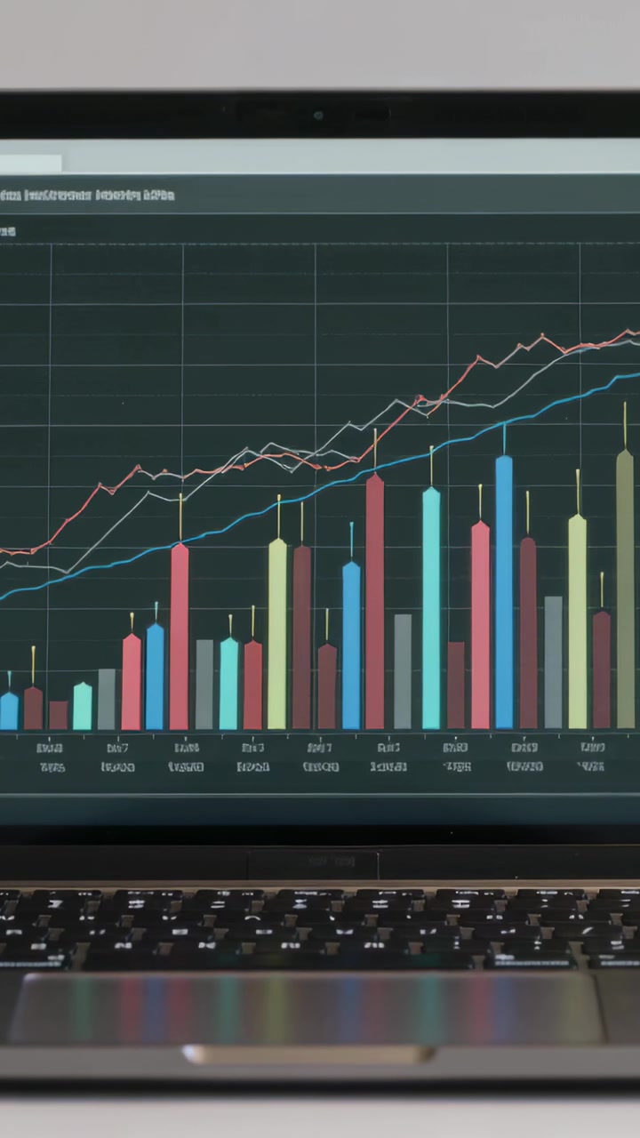 Vertikal video: Mottar data, animert bærbar PC viser stigende søyler og 3 trender på tastaturet på skrivebordet.