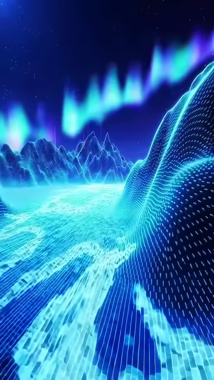 Futuristic video with a low-angle view of neon grid mountains under a starry sky