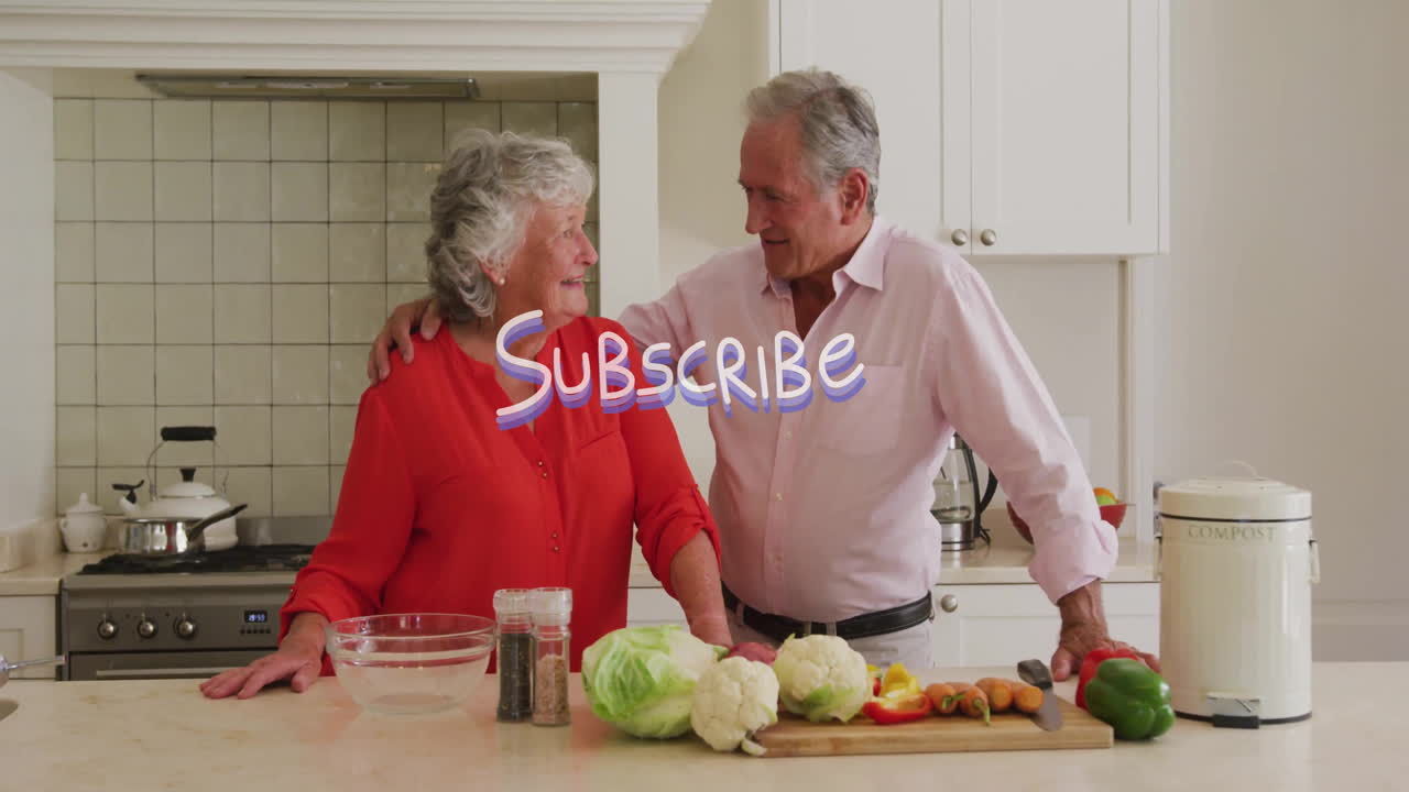 Cooking together in kitchen, elderly couple preparing meal with animation overlay