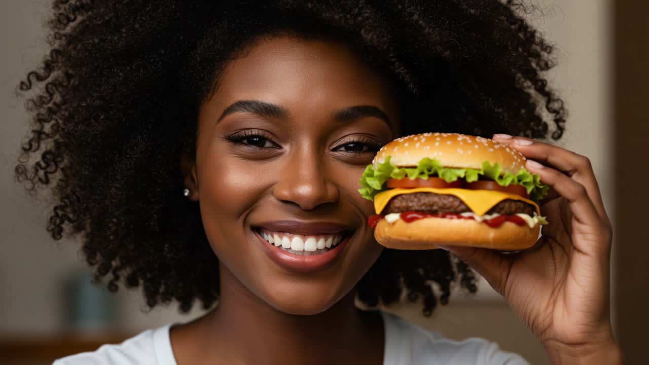 Joyful Moments Captured: A Woman Beaming with Happiness While Holding a Delicious Burger in Her Hand, Showcasing Pure Delight and Culinary Indulgence