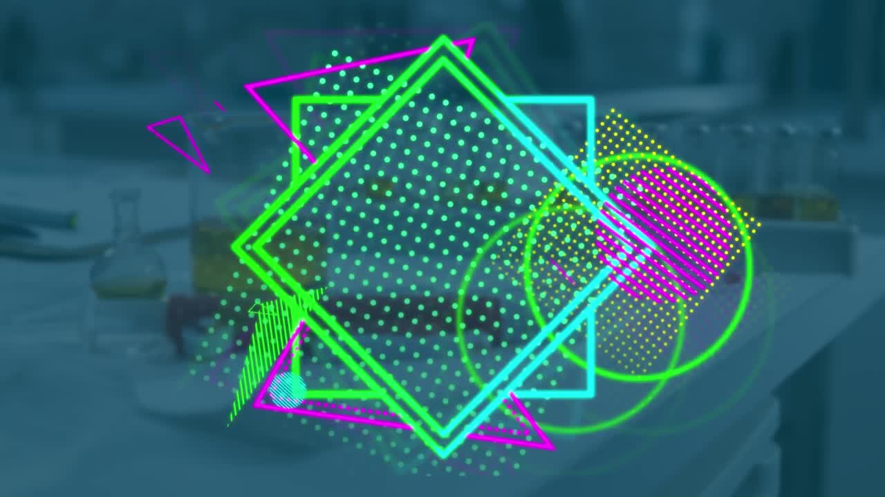 animación de formas coloridas sobre un laboratorio vacío