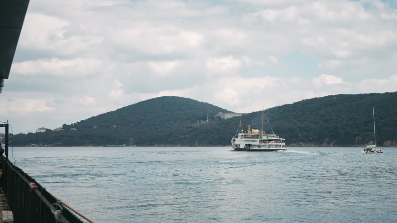 paisaje marino de las islas príncipe en estambul con un ferry blanco, barcos y embarcaciones navegando en el mar de mármara con gaviotas volando en slowmo