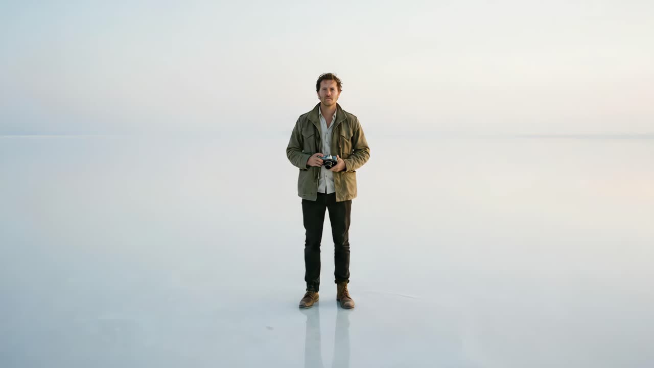 Mann fotografiert mit Vintage-Kamera in einer weitläufigen minimalistischen Landschaft