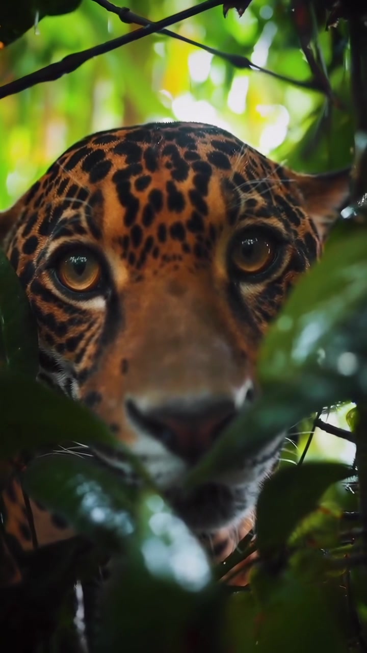 Primer plano de un jaguar escondido entre el follaje de la selva