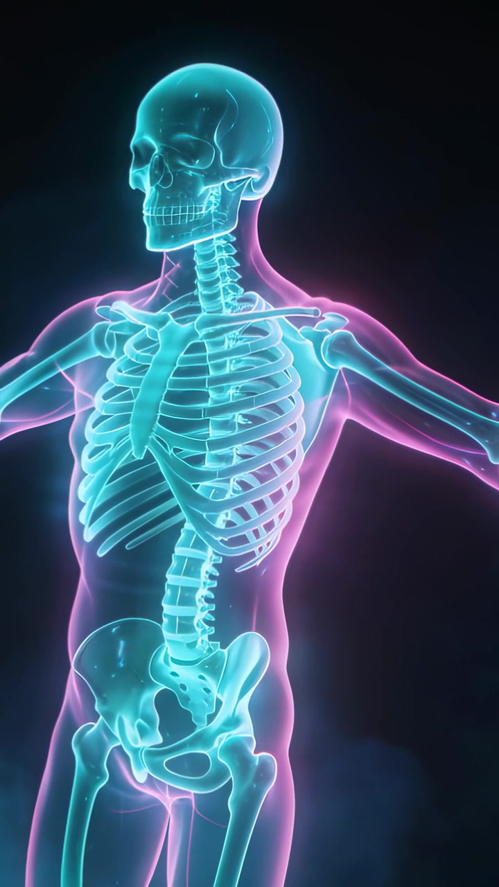 Video verticale: Scheletro al neon rotante che gira cranio e colonna vertebrale a sinistra all'inizio della riproduzione in studio, aura magenta