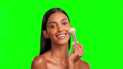 Woman,-makeup-and-face-brush-on-green-screen