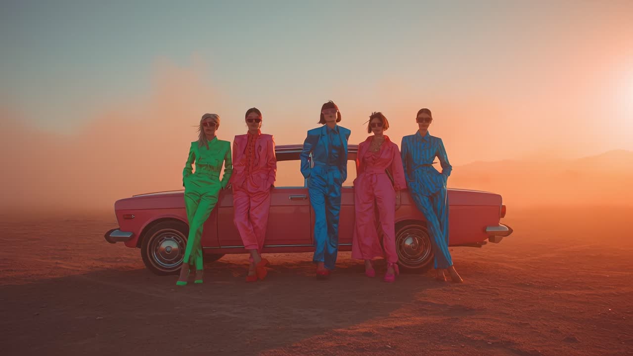 A vibrant group of stylish individuals dressed in bold colored suits poses confidently next to a classic car, creating a striking visual against a stunning sunset backdrop that enhances their fashionable appearance