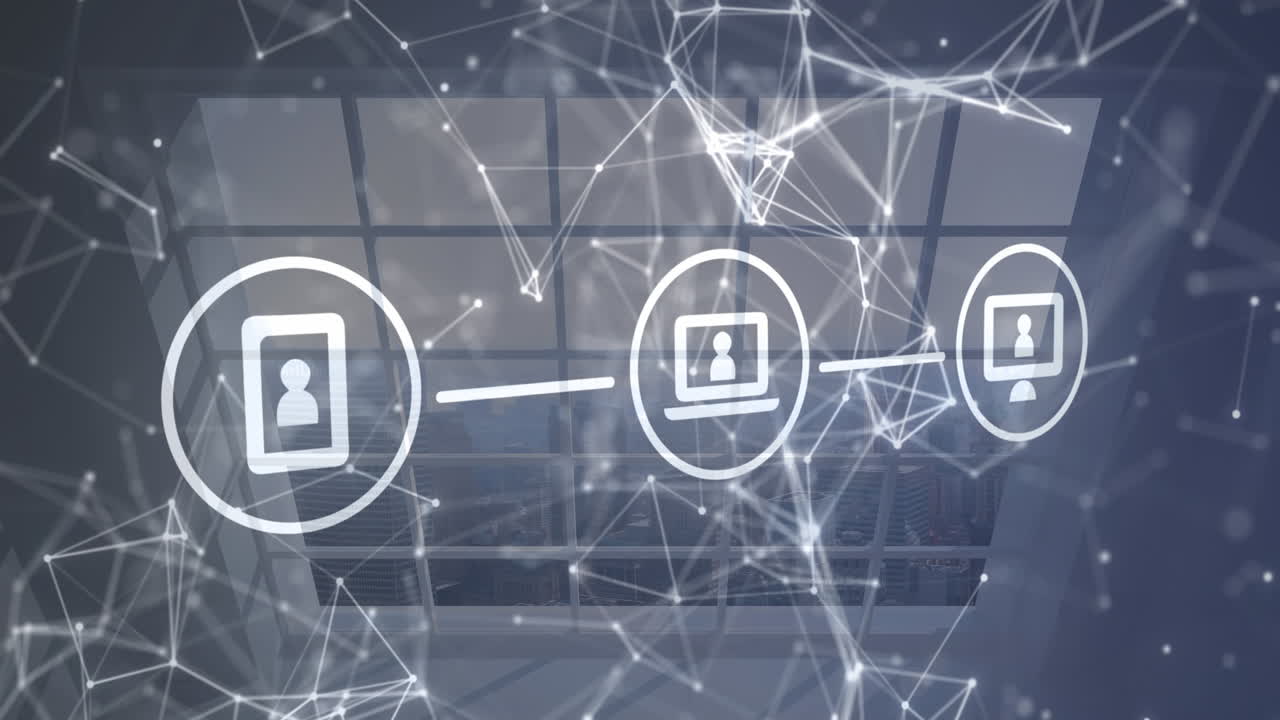 red de iconos digitales contra la ventana en un edificio moderno