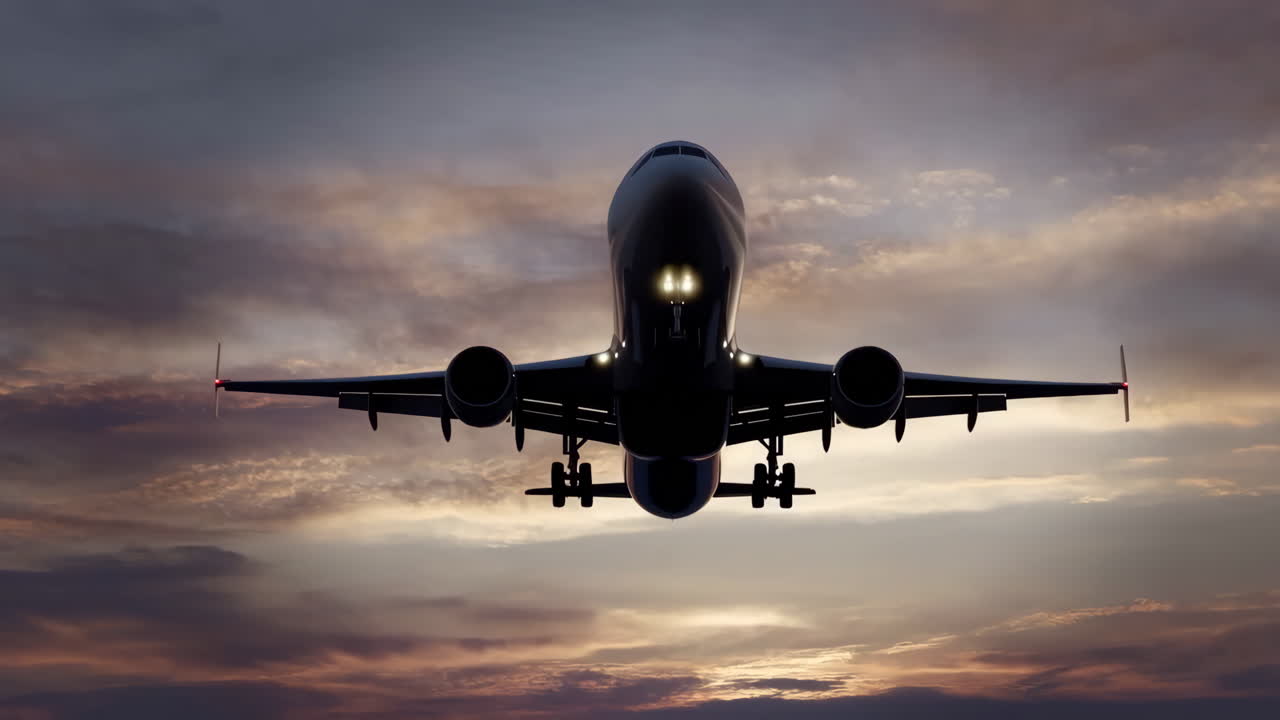 Silhouette of an airplane landing or taking off against a cloudy sky