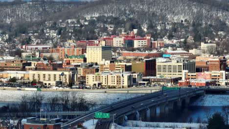 Long-aerial-zoom-of-city-of-Williamsport-in-Pennsylvania