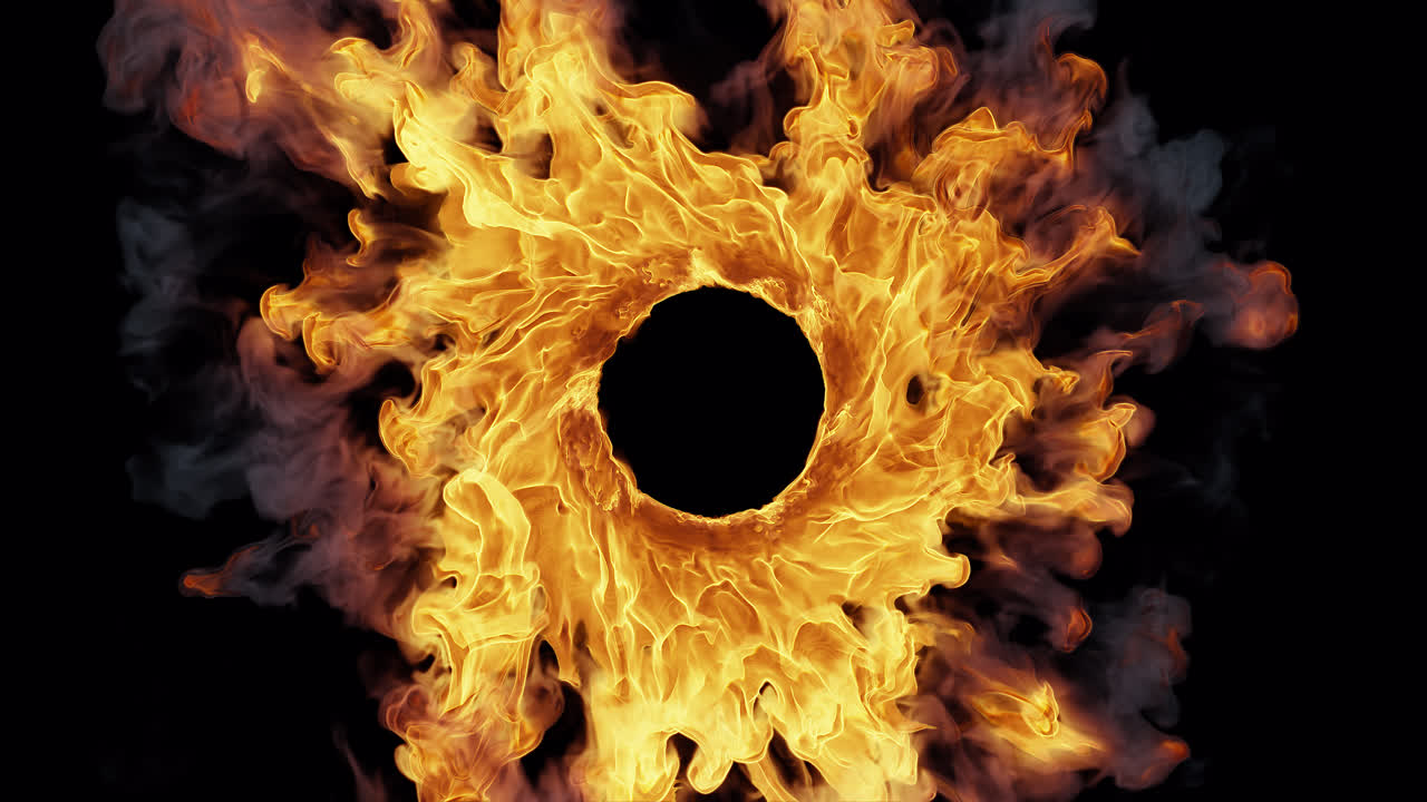 Anello infuocato dinamico con fumo vorticoso su sfondo nero