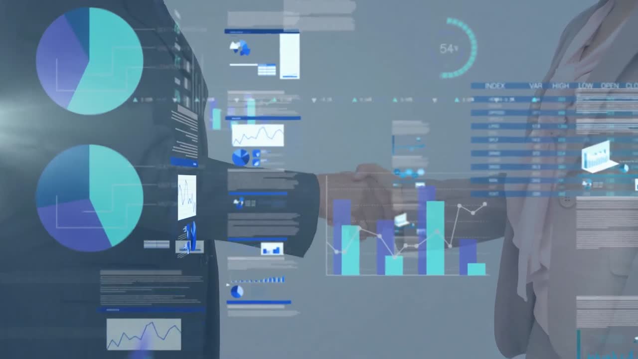 animación de estadísticas y procesamiento de datos sobre el apretón de manos de un empresario