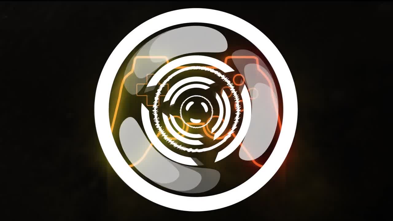 검은 바탕에 오렌지색 게임패드 위에 회전하는  ⁇ 색 원형 스캐너의 애니메이션