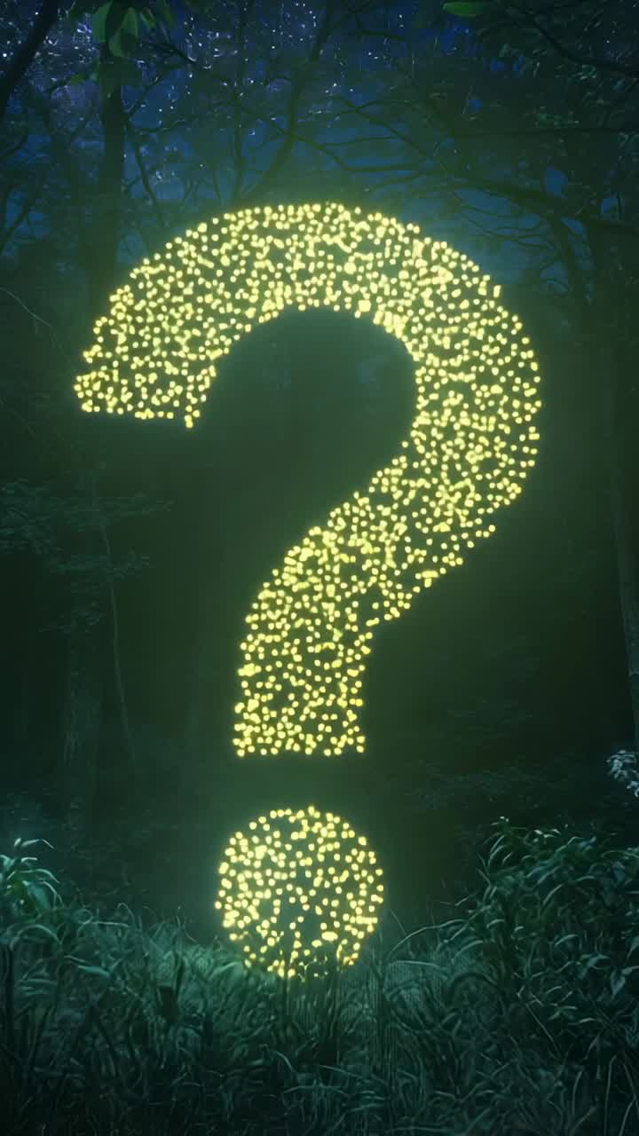 Vertical video: Hovering question mark made of yellowgreen dots pulsing above grass in night glade