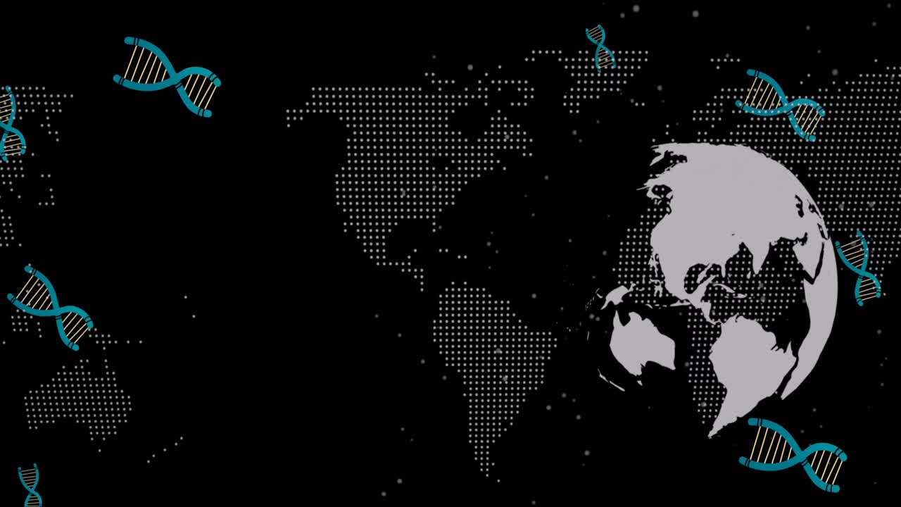 animación de una cadena de adn que cae sobre el mapa del mundo y el globo terrestre en fondo oscuro