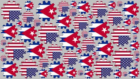 bandera estadounidense y cubana engranajes girando fondo