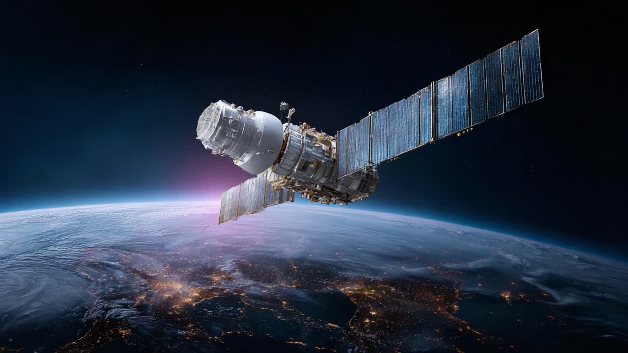 An Advanced Space Station Orbiting the Earth at Dawn, Capturing the Beauty of Our Planet with Its Illuminated Surface and the Vastness of Space