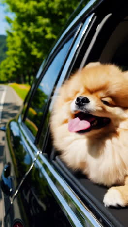 pomeranian dog looking out car window