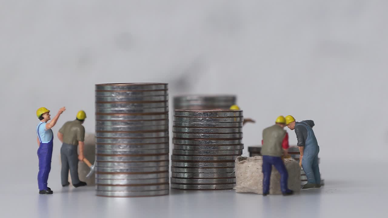 trabajadores en miniatura trabajando y montones de monedas.