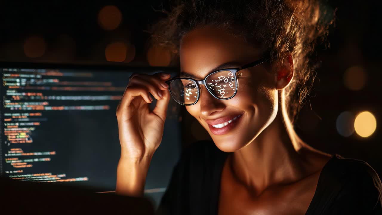 A joyful woman with glasses engages with her computer at night, illuminated by the soft glow of code, showcasing her enthusiasm for programming and technology