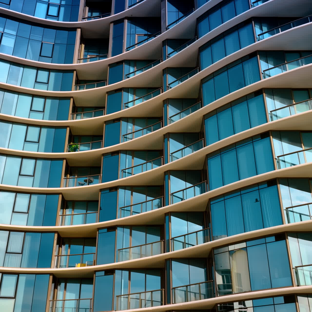 Beautiful facade of multi-storied apartment block with mirror windows. Low angle view on the building in Miami, Florida, USA.