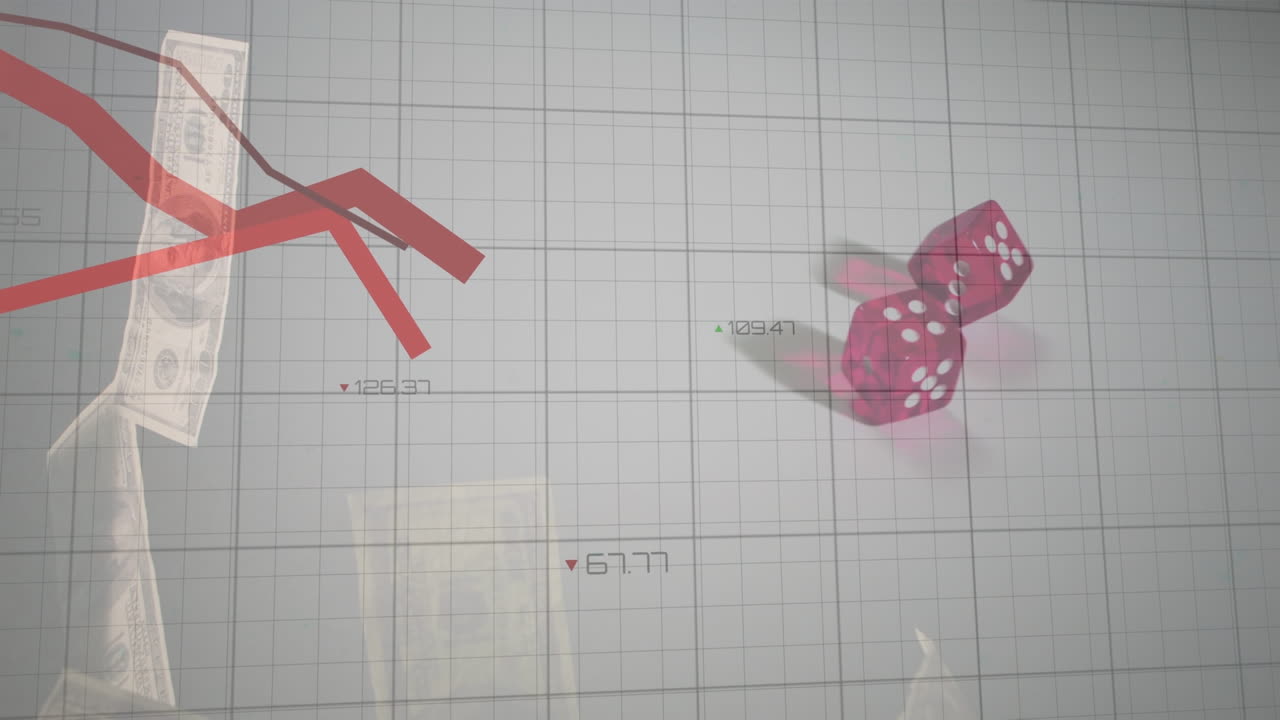 은행권과 주사위에 대한 데이터 처리의 애니메이션