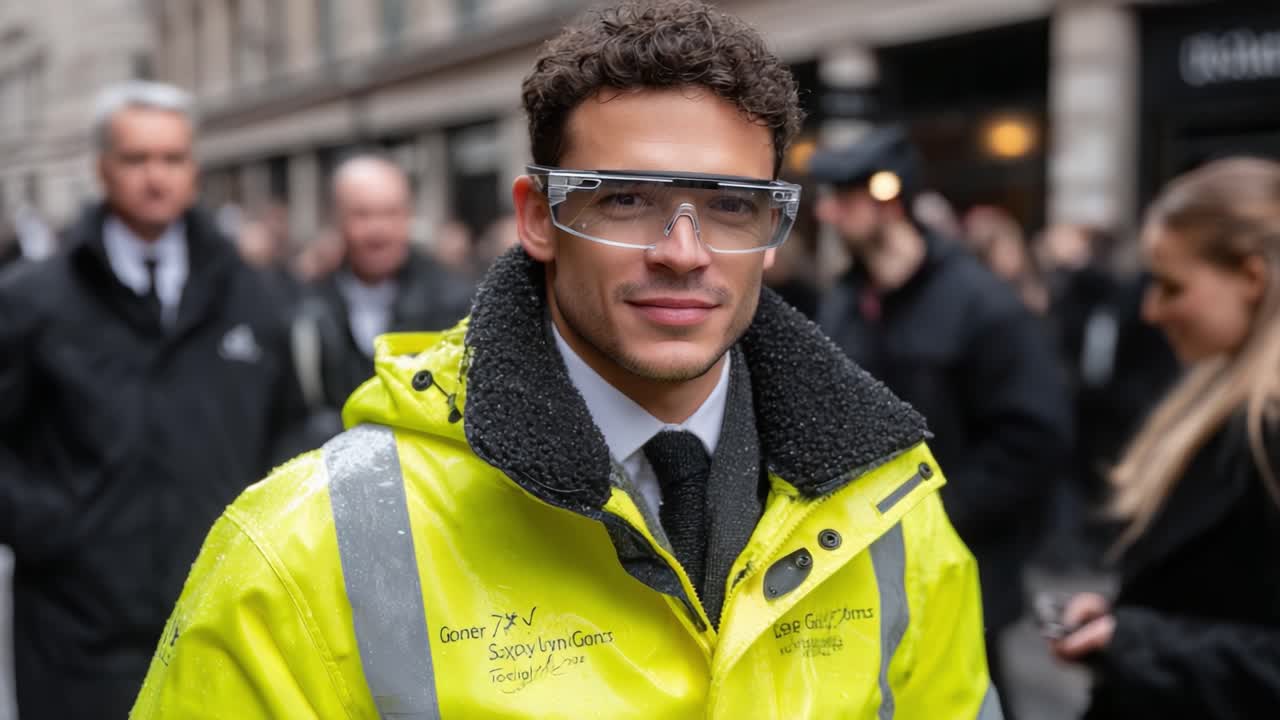 Confident Worker in Safety Gear with Glasses Amidst a Crowd, Showing Focus and Professionalism in a Busy Urban Environment