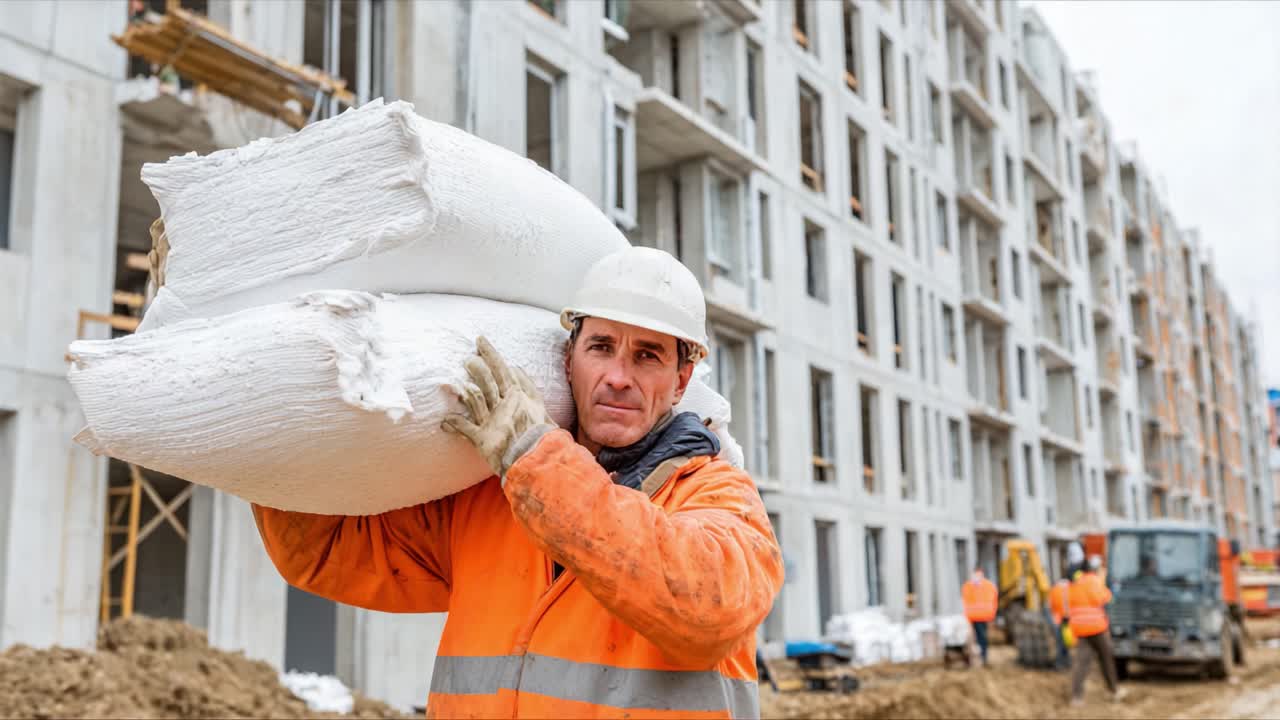 Construction Worker Carefully Balances Heavy Materials on His Shoulders While Working on a New Building Site Surrounded by Ongoing Construction Activities
