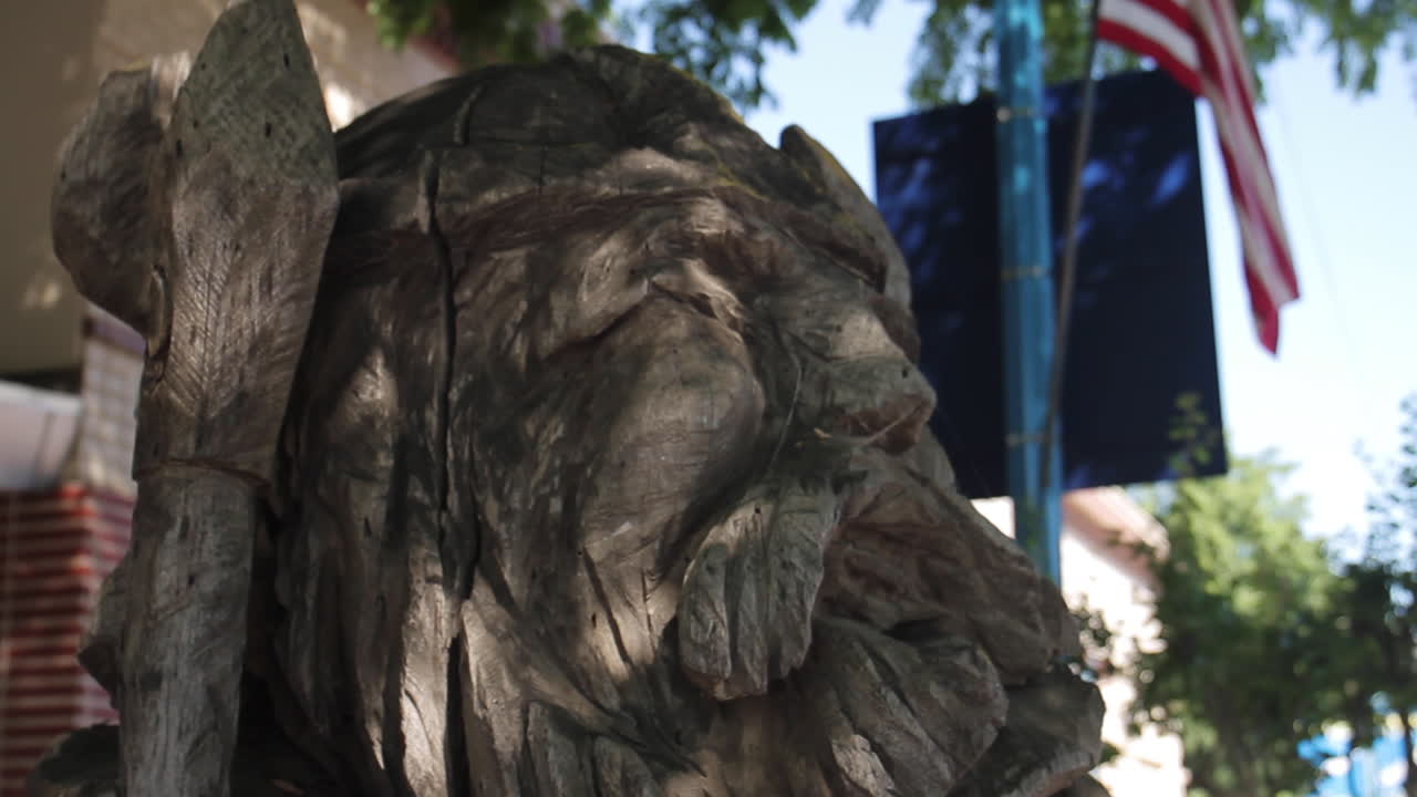 Wooden statue with American flag