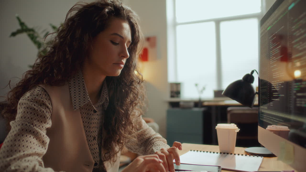 Female Developer Working on Computer and Analyzing Code at Office Desk