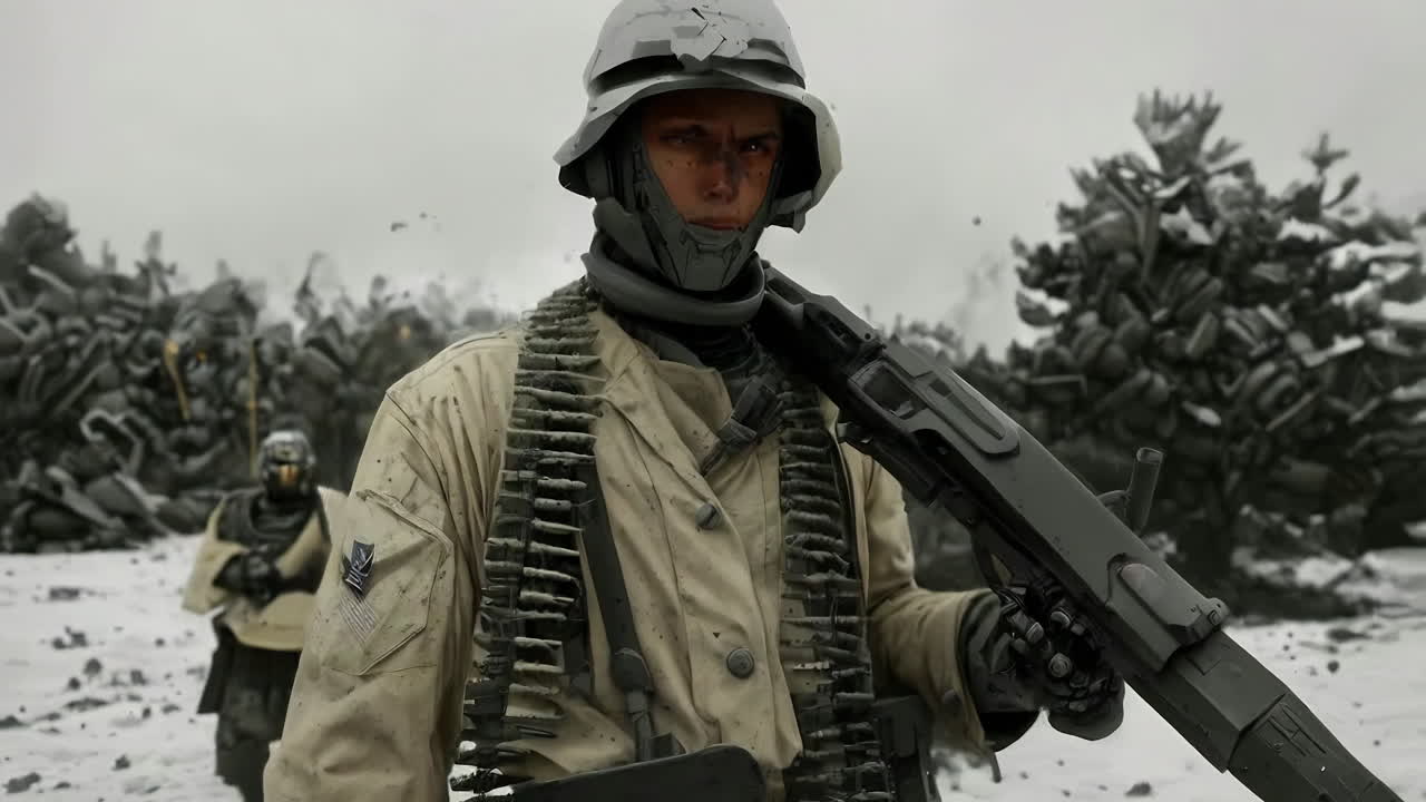 Futuristic Soldier in Winter War Zone