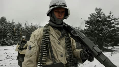 futuristic soldier in winter war zone